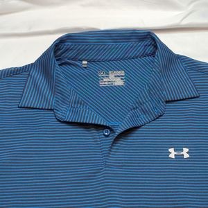 Under Armour Shirt Men's 2XL Polo Loose Fit Striped Heat Gear Short Sleeve Blue.